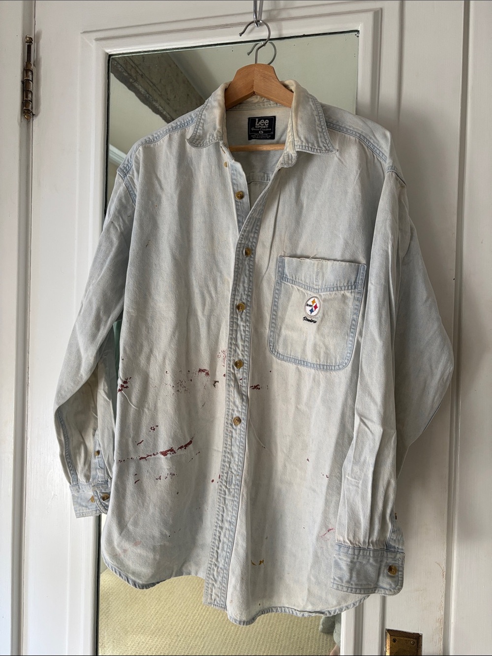 Vintage 90s Lee Sport Acid Wash Denim 100% Cotton Button Down Steelers Thrashed